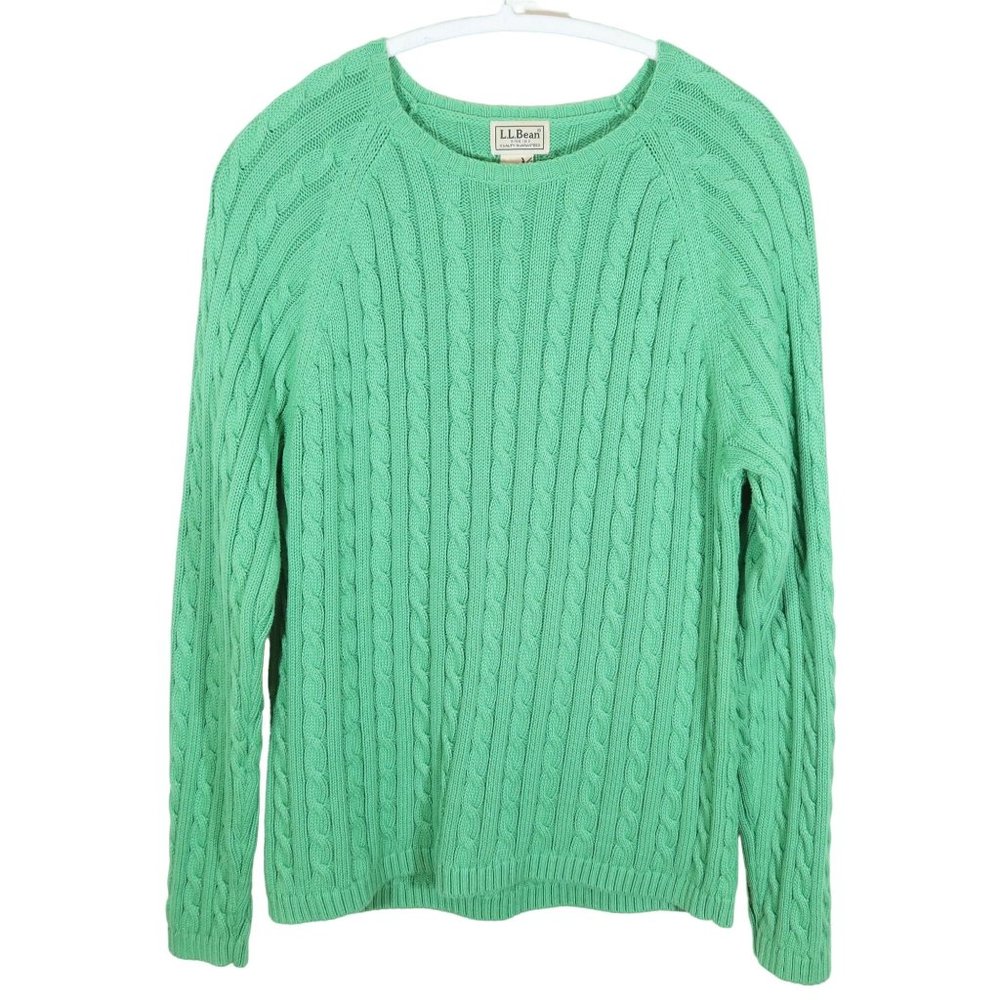 LL BEAN Green Cable Knit Raglan Sleeve Crew Neck Pullover Size L 100% Cotton